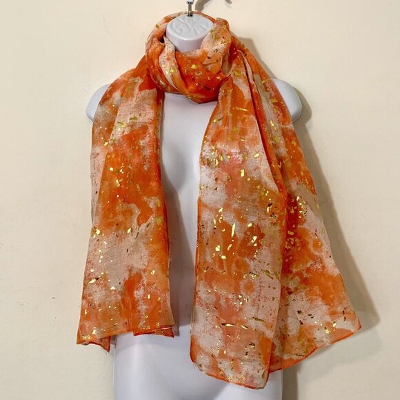 80’s Style Orange White Tie Dye + Metallic Gold Splatter Scarf Shawl Wrap EUC - Picture 1 of 3